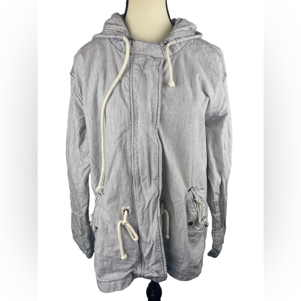 GAP Women Cotton Pinstripe Drawstring Zip-Up Jacket W/ Pockets & Hoodie Size: M